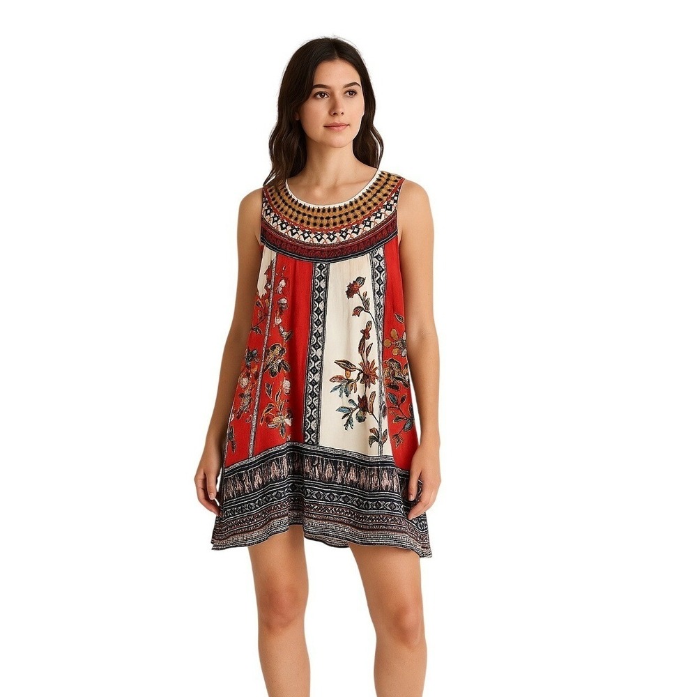 MAEVE ANTHROPOLOGIE‎ Boho Floral Swing Dress Red Ivory Resortwear tropical P
